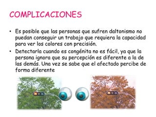 COMPLICACIONES
• Es posible que las personas que sufren daltonismo no
puedan conseguir un trabajo que requiera la capacidad
para ver los colores con precisión.
• Detectarla cuando es congénita no es fácil, ya que la
persona ignora que su percepción es diferente a la de
las demás. Una vez se sabe que el afectado percibe de
forma diferente
 