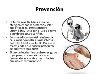 Prevención
• La forma más fácil de prevenir el
pterigion es con la protección solar
que brindan las gafas con filtro
ultravioleta , junto con el uso de gorra
o sombrero desde la niñez.
• En un medio ecuatorial la intensidad
de la radiación solar es más intensa
entre las 10:00 y las 14:00. Por eso se
recomienda en lo posible protegerse
del sol entre esas horas.
• El uso de lubricantes oculares en gotas
o gel para personas expuestas a
temperaturas o ambientes irritantes
también es recomendado.
 