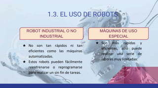 1.3. EL USO DE ROBOTS
MÁQUINAS DE USO
ESPECIAL
★ Son más rápidas y
eficientes, sólo puede
realizar una serie de
labores muy limitadas.
ROBOT INDUSTRIAL O NO
INDUSTRIAL
★ No son tan rápidos ni tan
eficientes como las máquinas
automatizadas.
★ Estos robots pueden fácilmente
reentrenarse o reprogramarse
para realizar un sin fin de tareas.
 