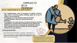 ART 79 º.- RESTRICCIONES EN EL GASTO PÚBLICO
CAPITULO III
DE LA
PROPIEDAD
decisiones solo para ganar votos y que luego falte plata
para los servicios básicos.
Los representantes ante el Congreso no tienen iniciativa
para crear ni aumentar gastos públicos, salvo en lo que se
refiere a su presupuesto.
El Congreso no puede aprobar tributos con fines
predeterminados, salvo por solicitud del Poder
Ejecutivo.
En cualquier otro caso, las leyes de índole tributaria referidas
a beneficios o exoneraciones requieren previo informe del
Ministerio de Economía y Finanzas. Su aprobación requiere
de la votación de más de la mitad del número legal de
miembros de cada cámara...
Interpretación:
Los congresistas no pueden prometer “más dinero” o
“menos impuestos” sin que el Ministerio de Economía
diga si eso es viable. Así se evita que se tomen CAMBIO 2026
Para aprobar beneficios o exoneraciones
hará falta mayoría en cada cámara y
para beneficios especiales a una zona se
requerirán dos tercios de cada cámara.
 