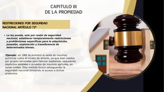 RESTRICCIONES POR SEGURIDAD
NACIONAL ARTÍCULO 72º
CAPITULO III
DE LA PROPIEDAD
La ley puede, solo por razón de seguridad
nacional, establecer temporalmente restricciones
y prohibiciones específicas para la adquisición,
posesión, explotación y transferencia de
determinados bienes.
IEjemplo: en 1992 se prohibió la venta de insumos
químicos como el nitrato de amonio, ya que eran usados
por grupos terroristas para fabricar explosivos, saqueando
depósitos estatales o privados de insumos agrícolas, en
zonas rurales. Esta medida buscó salvaguardar la
seguridad nacional limitando el acceso a dichos
productos.
 