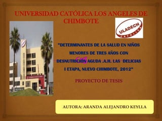 UNIVERSIDAD CATÓLICA LOS ANGELES DE
CHIMBOTE
”DETERMINANTES DE LA SALUD EN NIÑOS
MENORES DE TRES AÑOS CON
DESNUTRICIÓN AGUDA .A.H. LAS DELICIAS
I ETAPA, NUEVO CHIMBOTE, 2012”
PROYECTO DE TESIS
AUTORA: ARANDA ALEJANDRO KEYLLA
 