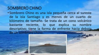 SOMBRERO CHINO
• Sombrero Chino es una isla pequeña cerca al sureste
de la isla Santiago y es menos de un cuarto de
kilómetro de tamaño. Se trata de un cono volcánico
bastante reciente, lo que explica su nombre
descriptivo; tiene la forma de enfrente hacia debajo
de un sombrero chino.
 