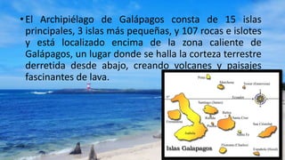 •El Archipiélago de Galápagos consta de 15 islas
principales, 3 islas más pequeñas, y 107 rocas e islotes
y está localizado encima de la zona caliente de
Galápagos, un lugar donde se halla la corteza terrestre
derretida desde abajo, creando volcanes y paisajes
fascinantes de lava.
 