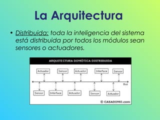 La Arquitectura
• Distribuida: toda la inteligencia del sistema
está distribuida por todos los módulos sean
sensores o actuadores.

 