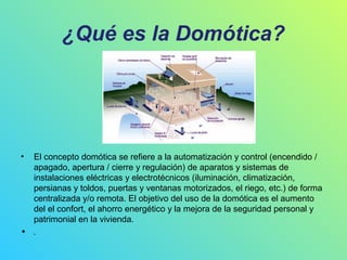 ¿Qué es la Domótica?

•

El concepto domótica se refiere a la automatización y control (encendido /
apagado, apertura / cierre y regulación) de aparatos y sistemas de
instalaciones eléctricas y electrotécnicos (iluminación, climatización,
persianas y toldos, puertas y ventanas motorizados, el riego, etc.) de forma
centralizada y/o remota. El objetivo del uso de la domótica es el aumento
del el confort, el ahorro energético y la mejora de la seguridad personal y
patrimonial en la vivienda.
• .

 