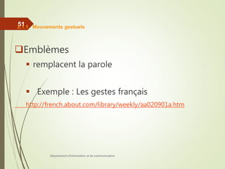 Département d'information et de communication
51
Emblèmes
 remplacent la parole
 Exemple : Les gestes français
http://french.about.com/library/weekly/aa020901a.htm
2.1.1 Mouvements gestuels
 