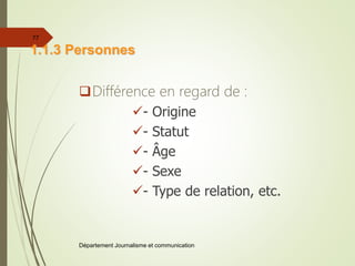 Différence en regard de :
- Origine
- Statut
- Âge
- Sexe
- Type de relation, etc.
Département Journalisme et communication
77
1.1.3 Personnes
 