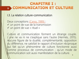 9
9
9
9
I.3. La relation culture-communication
Deux conceptions (Carey, 1989) :
 un point de vue de la transmission
 un point de vue « rituel »
Culture et communication forment un étrange couple.
L’une ne va ni ne s’explique sans l’autre (Hermès, 2015).
Aucune figure de la dualité, complémentarité, opposition
ou différence, ne satisfait le rapport d’inclusion réciproque
qui fait qu’un phénomène de culture fonctionne aussi
comme processus de communication ; qu’un mode de
communication soit aussi manifestation de la culture.
 