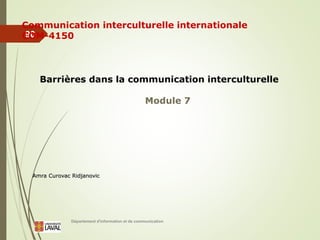 Département d'information et de communication
90
Communication interculturelle internationale
COM-4150
Barrières dans la communication interculturelle
Module 7
Amra Curovac Ridjanovic
 