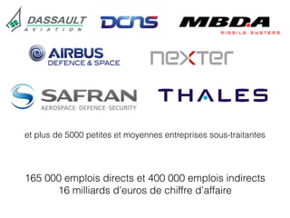 et plus de 5000 petites et moyennes entreprises sous-traitantes
165 000 emplois directs et 400 000 emplois indirects
16 milliards d’euros de chiffre d’affaire
 