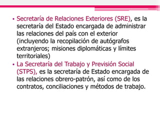 • Secretaría de Relaciones Exteriores (SRE), es la
secretaría del Estado encargada de administrar
las relaciones del país con el exterior
(incluyendo la recopilación de autógrafos
extranjeros; misiones diplomáticas y límites
territoriales)
• La Secretaría del Trabajo y Previsión Social
(STPS), es la secretaría de Estado encargada de
las relaciones obrero-patrón, así como de los
contratos, conciliaciones y métodos de trabajo.
 
