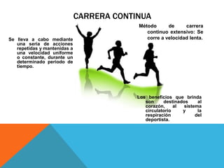 CARRERA CONTINUA
Método de carrera
continuo extensivo: Se
corre a velocidad lenta.Se lleva a cabo mediante
una seria de acciones
repetidas y mantenidas a
una velocidad uniforme
o constante, durante un
determinado periodo de
tiempo.
Los beneficios que brinda
son destinados al
corazón, al sistema
circulatorio y la
respiración del
deportista.
 