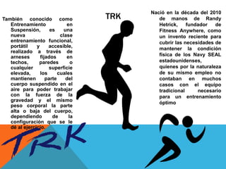 TRKTambién conocido como
Entrenamiento en
Suspensión, es una
nueva clase
entrenamiento funcional,
portátil y accesible,
realizado a través de
arneses fijados en
techos, paredes o
cualquier superficie
elevada, los cuales
mantienen parte del
cuerpo suspendido en el
aire para poder trabajar
con la fuerza de la
gravedad y el mismo
peso corporal la parte
alta o baja del cuerpo,
dependiendo de la
configuración que se le
dé al ejercicio.
Nació en la década del 2010
de manos de Randy
Hetrick, fundador de
Fitness Anywhere, como
un invento reciente para
cubrir las necesidades de
mantener la condición
física de los Navy SEAL
estadounidenses,
quienes por la naturaleza
de su mismo empleo no
contaban en muchos
casos con el equipo
tradicional necesario
para un entrenamiento
óptimo
 