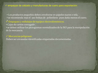  empaque de calzado y manufacturas de cuero para exportación:


• Los productos pequeños deben envolverse en papeles suaves o tela.
• se recomienda mas el uso bolsas de polietileno pues daña menos el cuero.
•
 Empaques y embalajes de equipos electrodomésticos.
• Cajas de cartón corrugado .
• se deben utilizar los pictogramas normalizados de la ISO para la manipulación
de la mercancía.

 Mercancías peligrosas:
Deben ser envasadas identificadas etiquetadas documentadas.
 