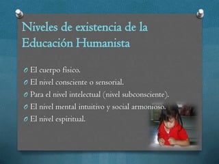 Niveles de existencia de la
Educación Humanista
O El cuerpo físico.
O El nivel consciente o sensorial.
O Para el nivel intelectual (nivel subconsciente).
O El nivel mental intuitivo y social armonioso.
O El nivel espiritual.
 