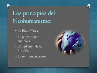 Los principios del
Neohumanismo:
O La Bio-esférica
O La gnoseología
  compleja
O El replanteo de la
  filosofía
O La re- humanización
 