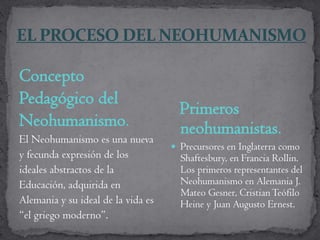 Concepto
Pedagógico del
                                      Primeros
Neohumanismo.                         neohumanistas.
El Neohumanismo es una nueva
                                     Precursores en Inglaterra como
y fecunda expresión de los            Shaftesbury, en Francia Rollin.
ideales abstractos de la              Los primeros representantes del
Educación, adquirida en               Neohumanismo en Alemania J.
                                      Mateo Gesner, Cristian Teófilo
Alemania y su ideal de la vida es     Heine y Juan Augusto Ernest.
“el griego moderno”.
 
