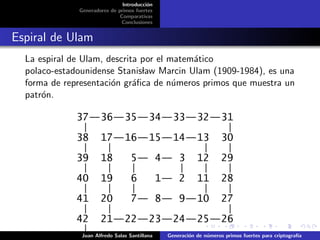 Introducci´on
Generadores de primos fuertes
Comparativas
Conclusiones
Espiral de Ulam
La espiral de Ulam, descrita por el ...