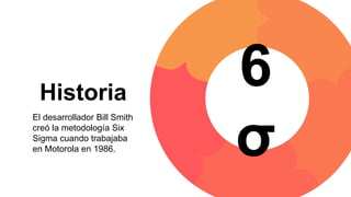 Historia
El desarrollador Bill Smith
creó la metodología Six
Sigma cuando trabajaba
en Motorola en 1986.
6
σ
 