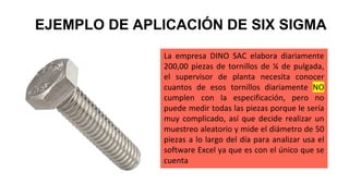 EJEMPLO DE APLICACIÓN DE SIX SIGMA
La empresa DINO SAC elabora diariamente
200,00 piezas de tornillos de ¼ de pulgada,
el supervisor de planta necesita conocer
cuantos de esos tornillos diariamente NO
cumplen con la especificación, pero no
puede medir todas las piezas porque le sería
muy complicado, así que decide realizar un
muestreo aleatorio y mide el diámetro de 50
piezas a lo largo del día para analizar usa el
software Excel ya que es con el único que se
cuenta
 
