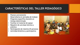 CARACTERÍSTICAS DEL TALLER PEDAGÓGICO
• Planear previamente
• Desarrollarla en jornadas de trabajo
• Programa específico durante un
tiempo determinado
• Facilitar el material de apoyo
• Requiere de una base técnica y
práctica
• Participación de máximo 25 personas
• Actividad dinámica y participativa
 
