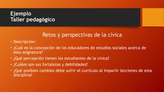 Ejemplo
Taller pedagógico
Retos y perspectivas de la cívica
• Descripcion:
• ¿Cuál es la concepción de los educadores de estudios sociales acerca de
esta asignatura?
• ¿Qué percepción tienen los estudiantes de la cívica?
• ¿Cuáles son sus fortalezas y debilidades?
• ¿Qué posibles cambios debe sufrir el currículo al impartir lecciones de esta
disciplina?
 