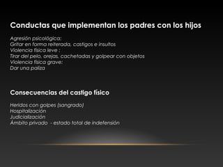 Conductas que implementan los padres con los hijos
Agresión psicológica:
Gritar en forma reiterada, castigos e insultos
Violencia física leve :
Tirar del pelo, orejas, cachetadas y golpear con objetos
Violencia física grave:
Dar una paliza
Consecuencias del castigo físico
Heridos con golpes (sangrado)
Hospitalización
Judicialización
Ámbito privado - estado total de indefensión
 