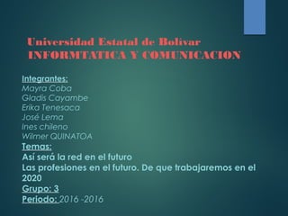 Universidad Estatal de Bolívar
INFORMTATICA Y COMUNICACION
Integrantes:
Mayra Coba
Gladis Cayambe
Erika Tenesaca
José Lema
Ines chileno
Wilmer QUINATOA
Temas:
Así será la red en el futuro
Las profesiones en el futuro. De que trabajaremos en el
2020
Grupo: 3
Periodo: 2016 -2016
 