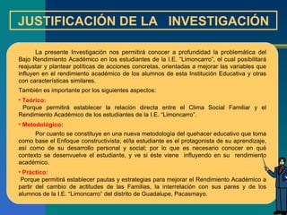 JUSTIFICACIÓN DE LA  INVESTIGACIÓN La presente Investigación nos permitirá conocer a profundidad la problemática del Bajo Rendimiento Académico en los estudiantes de la I.E. “Limoncarro”, el cual posibilitará reajustar y plantear políticas de acciones concretas, orientadas a mejorar las variables que influyen en el rendimiento académico de los alumnos de esta Institución Educativa y otras con características similares. También es importante por los siguientes aspectos: Teórico: Porque permitirá establecer la relación directa entre el Clima Social Familiar y el Rendimiento Académico de los estudiantes de la I.E. “Limoncarro”.  Metodológico:   Por cuanto se constituye en una nueva metodología del quehacer educativo que toma como base el Enfoque constructivista; el/la estudiante es el protagonista de su aprendizaje, así como de su desarrollo personal y social; por lo que es necesario conocer en qué contexto se desenvuelve el estudiante, y ve si éste viene  influyendo en su  rendimiento académico. Práctico: Porque permitirá establecer pautas y estrategias para mejorar el Rendimiento Académico a partir del cambio de actitudes de las Familias, la interrelación con sus pares y de los alumnos de la I.E. “Limoncarro” del distrito de Guadalupe, Pacasmayo.   