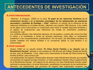 ANTECEDENTES DE INVESTIGACIÓN A nivel internacional :   Martínez  & Cosgaya  (2005) en su tesis “ El papel de las relaciones familiares en el rendimiento escolar y en el bienestar psicológico de los adolescentes de enseñanza secundaria y bachiller de Santiago – Chile”  realizaron un estudio de la influencia de las relaciones familiares en el ambito escolar, utilizando una muestra 1892 alumnos, a los cuales se les aplicó como instrumentos un cuestionario para medir la variable relaciones familiares y el registro de evaluaciones para determinar los niveles de rendimiento académico, concluyendo  qué:    Los conflictos afectan a las relaciones afectivas con los padres y cuando esto ocurre los hijos lo sufren y lo manifiestan a través de diversas reacciones, entre ellas, su rendimiento académico o los comportamientos problemáticos. Por tal razón, las dificultades escolares se pueden trasladar con relativa facilidad a su concepción global, lo cual afectará a su autoconcepto. A nivel nacional: Guerra (1993) en su estudió titulado “ El Clima Social Familiar y su relación con el Rendimiento Escolar”  aplicado a una muestra de 180 alumnos del Colegio Estatal del distrito de San Juan de Miraflores - Lima, utilizó como instrumentos la Escala del Clima Social en la Familia de Moos  para concluir qué:   Los adolescentes de hogares Cohesionados alcanzan mejor Rendimiento Escolar que aquellos provenientes de hogares de baja Cohesión; La mala adaptación familiar influye negativamente en el Rendimiento Escolar;  los hogares de los alumnos con buen Rendimiento Escolar suelen estimular la expresividad y el actuar libremente, posibilitando la expresión de los sentimientos. Asimismo, los adolescentes que provienen de hogares bien organizados muestran una disposición a rendir bien en el colegio.     