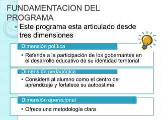 FUNDAMENTACION DEL
PROGRAMA
    Este programa esta articulado desde
     tres dimensiones
     Dimensión política
     • Referida a la participación de los gobernantes en
       el desarrollo educativo de su identidad territorial

     Dimensión pedagógica
     • Considera al alumno como el centro de
       aprendizaje y fortalece su autoestima

     Dimensión operacional
     • Ofrece una metodología clara
 