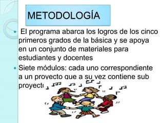 METODOLOGÍA
 El programa abarca los logros de los cinco
  primeros grados de la básica y se apoya
  en un conjunto de materiales para
  estudiantes y docentes
 Siete módulos: cada uno correspondiente
  a un proyecto que a su vez contiene sub
  proyectos.
 