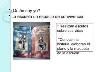 *¿Quién soy yo?
* La escuela un espacio de convivencia

                        * Realizan escritos
                        sobre sus vidas

                        *Conocen la
                        historia, elaboran el
                        plano y la maqueta
                        de la escuela.
 