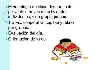  Metodología de clase desarrollo del
  proyecto a través de actividades
  individuales, y en grupo, juegos.
 Trabajo cooperativo capitán y relator
  por grupos.
 Evaluación del día.
 Orientación de tarea.
 