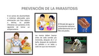 Si se carece de alcantarillado
o sistemas adecuados para
eliminación con fosa séptica
o letrina, es posible
infectarse con parásitos al día
siguiente de tomar un
antiparasitario.
El filtrado del agua se
recomienda realizarse
preferiblemente con un
filtro de piedra.
Las manos deben lavarse
antes de cada comida y/o
merienda, después de ir al
baño, después de cambiarle
los pañales a un bebe y
cada vez que sea necesario
 