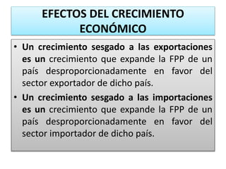EFECTOS DEL CRECIMIENTO 
ECONÓMICO 
• Un crecimiento sesgado a las exportaciones 
es un crecimiento que expande la FPP de un 
país desproporcionadamente en favor del 
sector exportador de dicho país. 
• Un crecimiento sesgado a las importaciones 
es un crecimiento que expande la FPP de un 
país desproporcionadamente en favor del 
sector importador de dicho país. 
 