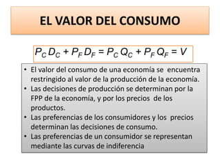EL VALOR DEL CONSUMO 
• El valor del consumo de una economía se encuentra 
restringido al valor de la producción de la economía. 
• Las decisiones de producción se determinan por la 
FPP de la economía, y por los precios de los 
productos. 
• Las preferencias de los consumidores y los precios 
determinan las decisiones de consumo. 
• Las preferencias de un consumidor se representan 
mediante las curvas de indiferencia 
 