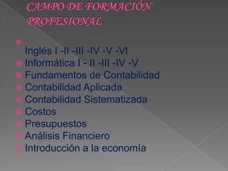 
  Inglés I -II -III -IV -V -Vl
 Informática I - II -III -IV -V
 Fundamentos de Contabilidad
 Contabilidad Aplicada
 Contabilidad Sistematizada
 Costos
 Presupuestos
 Análisis Financiero
 Introducción a la economía
 