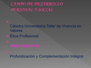
  Cátedra Universitaria Taller de Vivencia en
  Valores
 Ética Profesional

    ÁREA ELECTIVA

    Profundización y Complementación Integral
 
