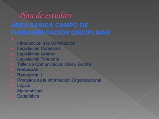 ÁREA BÁSICA CAMPO DE
FUNDAMENTACIÓN DISCIPLINAR

    Introducción a la Constitución
   Legislación Comercial
   Legislación Laboral
   Legislación Tributaria
   Taller de Comunicación Oral y Escrita
   Redacción I
   Redacción II
   Procesos de la información Organizacional
   Lógica
   Matemáticas
   Estadística

 