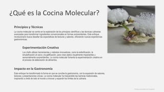 ¿Qué es la Cocina Molecular?
Principios y Técnicas
La cocina molecular se centra en la exploración de los principios científicos y las técnicas culinarias
avanzadas para transformar ingredientes convencionales en formas sorprendentes. Este enfoque
revolucionario busca desafiar las expectativas de texturas y sabores, ofreciendo nuevas experiencias
gastronómicas.
Experimentación Creativa
Los chefs utilizan herramientas y métodos innovadores, como la esferificación, la
emulsificación al vacío y la gelificación, para crear platos visualmente impactantes y
sensorialmente sorprendentes. La cocina molecular fomenta la experimentación creativa en
el proceso de elaboración de alimentos.
Impacto en la Gastronomía
Este enfoque ha transformado la forma en que se concibe la gastronomía, con la expansión de sabores,
texturas y presentaciones únicas. La cocina molecular ha trascendido las barreras tradicionales,
inspirando a chefs de todo el mundo a innovar y expandir los límites de la culinaria.
Photos provided by Unsplash
 