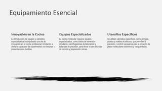 Equipamiento Esencial
Equipos Especializados
La cocina molecular requiere equipos
especializados, como baños de inmersión
circulante, centrifugadoras de laboratorio y
balanzas de precisión, para llevar a cabo técnicas
de cocción y preparación únicas.
Utensilios Específicos
Se utilizan utensilios específicos, como jeringas,
pipetas y moldes de silicona, que permiten la
precisión y control necesarios para la creación de
platos moleculares distintivos y vanguardistas.
Innovación en la Cocina
La introducción de equipos y utensilios
especializados ha impulsado una ola de
innovación en la cocina profesional, brindando a
chefs la capacidad de experimentar con texturas y
presentaciones inéditas.
 