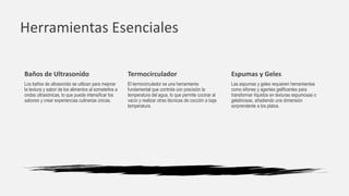 Herramientas Esenciales
Termocirculador
El termocirculador es una herramienta
fundamental que controla con precisión la
temperatura del agua, lo que permite cocinar al
vacío y realizar otras técnicas de cocción a baja
temperatura.
Espumas y Geles
Las espumas y geles requieren herramientas
como sifones y agentes gelificantes para
transformar líquidos en texturas espumosas o
gelatinosas, añadiendo una dimensión
sorprendente a los platos.
Baños de Ultrasonido
Los baños de ultrasonido se utilizan para mejorar
la textura y sabor de los alimentos al someterlos a
ondas ultrasónicas, lo que puede intensificar los
sabores y crear experiencias culinarias únicas.
 