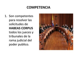 COMPETENCIA
1. Son competentes
para resolver las
solicitudes de
HABEAS CORPUS
todos los jueces y
tribunales de la
rama judicial del
poder publico.
 