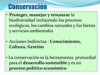 Conservación
• Proteger, manejar y restaurar la
  biodiversidad incluyendo los procesos
  ecológicos, los cambios naturales y los bienes
  y servicios ambientales

• Acciones Indirectas : Conocimiento,
  Cultura, Gestión

• La conservación es la herramienta primordial
  para el desarrollo sostenible y es un
  proceso político económico
 