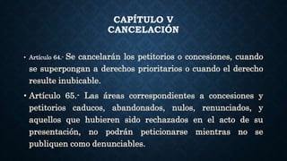 CAPÍTULO V
CANCELACIÓN
• Artículo 64.- Se cancelarán los petitorios o concesiones, cuando
se superpongan a derechos prioritarios o cuando el derecho
resulte inubicable.
• Artículo 65.- Las áreas correspondientes a concesiones y
petitorios caducos, abandonados, nulos, renunciados, y
aquellos que hubieren sido rechazados en el acto de su
presentación, no podrán peticionarse mientras no se
publiquen como denunciables.
 