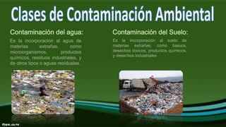 Contaminación del agua:
Es la incorporación al agua de
materias extrañas, como
microorganismos, productos
químicos, residuos industriales, y
de otros tipos o aguas residuales.
Contaminación del Suelo:
Es la incorporación al suelo de
materias extrañas, como basura,
desechos tóxicos, productos químicos,
y desechos industriales
 