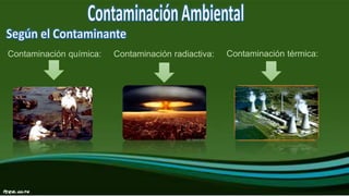 Contaminación química: Contaminación radiactiva: Contaminación térmica:
 
