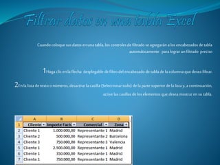 Cuando coloque sus datos en una tabla, los controles de filtrado se agregarán a los encabezados de tabla 
automáticamente para lograr un filtrado preciso 
1Haga clic en la flecha desplegable de filtro del encabezado de tabla de la columna que desea filtrar. 
2En la lista de texto o números, desactive la casilla (Seleccionar todo) de la parte superior de la lista y, a continuación, 
active las casillas de los elementos que desea mostrar en su tabla. 
 